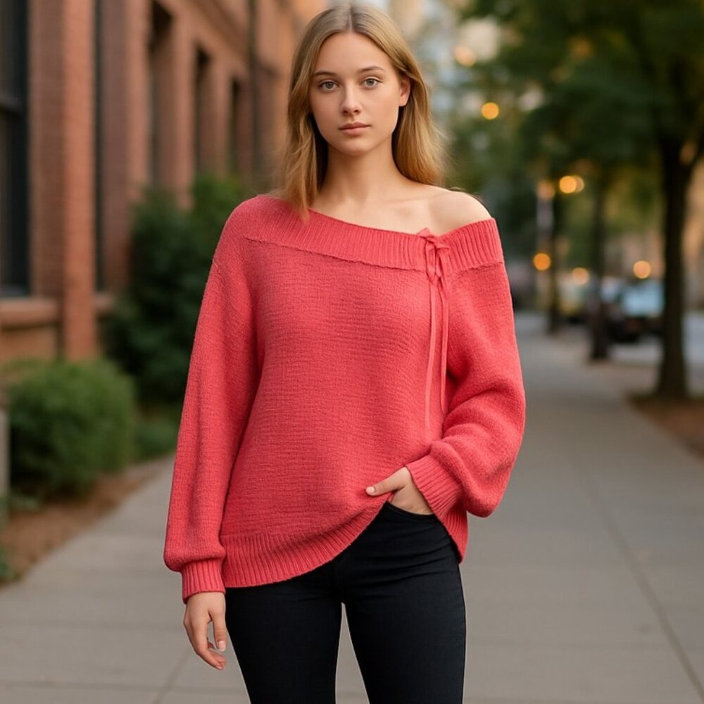 NWT EXPRESS Open Knit Fisherman Lace Up  Oversize Lace Up Sweater Mauve